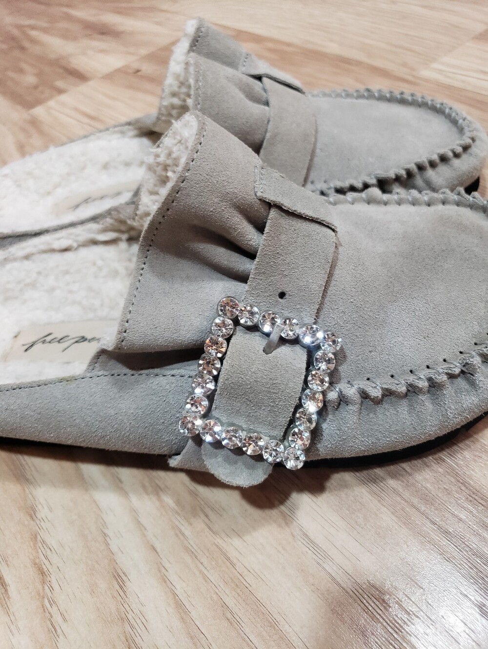 Free People After Riding Mules In Gray Suede Shearling Lining Crystal Buckle 7 - Picture 4 of 6